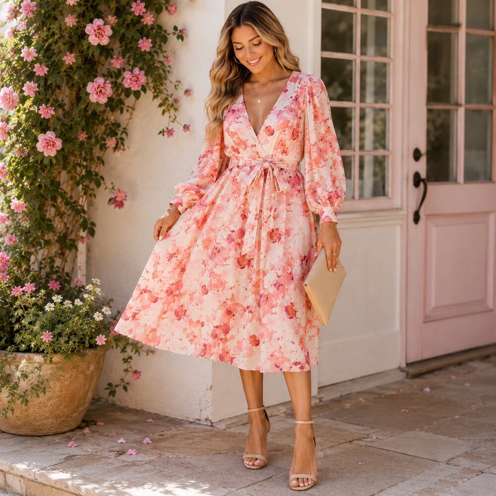 NWT JustFab Pink Floral Midi Dress Blouson Sleeve Tie Waist Medium